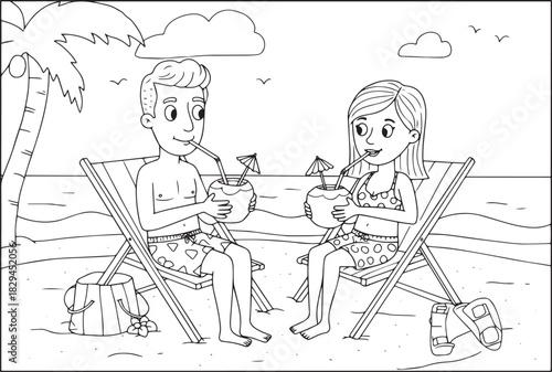 A couple relaxing on the beach drinking coconut juice in black a