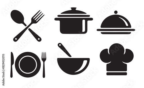 Simple Black and White Restaurant Icons Set