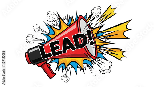 Red comic megaphone shouting the word lead.