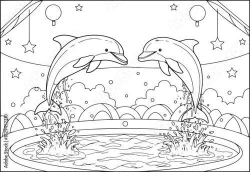 Two dolphins performing a graceful jump from water splash in a c