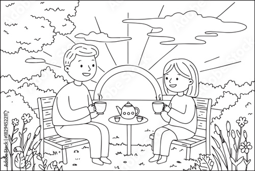 A charming line art depiction of a couple enjoying tea in a tran