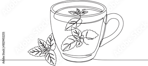 Minimalist single line drawing of mint tea in a cup with fresh m