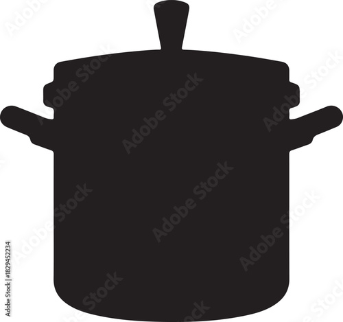 Black silhouette of a cooking pot with lid and handles on a gray background