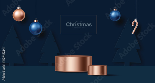 Christmas background greeting template featuring hanging ornaments, festive elements, and a bronze podium. Clean vector illustration perfect for holiday designs, clipart use, and editable layouts.