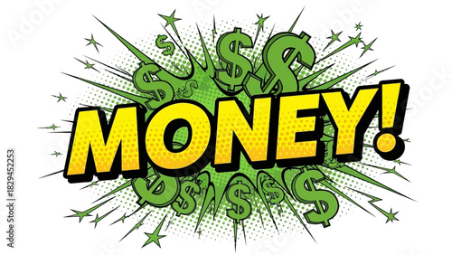 Money explosion comic book style illustration.