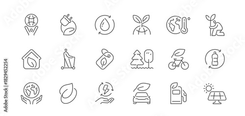 Ecology icons set. Sustainable energy, green technology, recycling and eco-friendly solutions. Environment line symbols