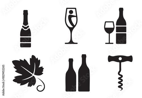 Simple Black and White Wine and Champagne Icons