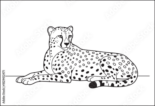 Simple black and white line drawing of a cheetah lying down for