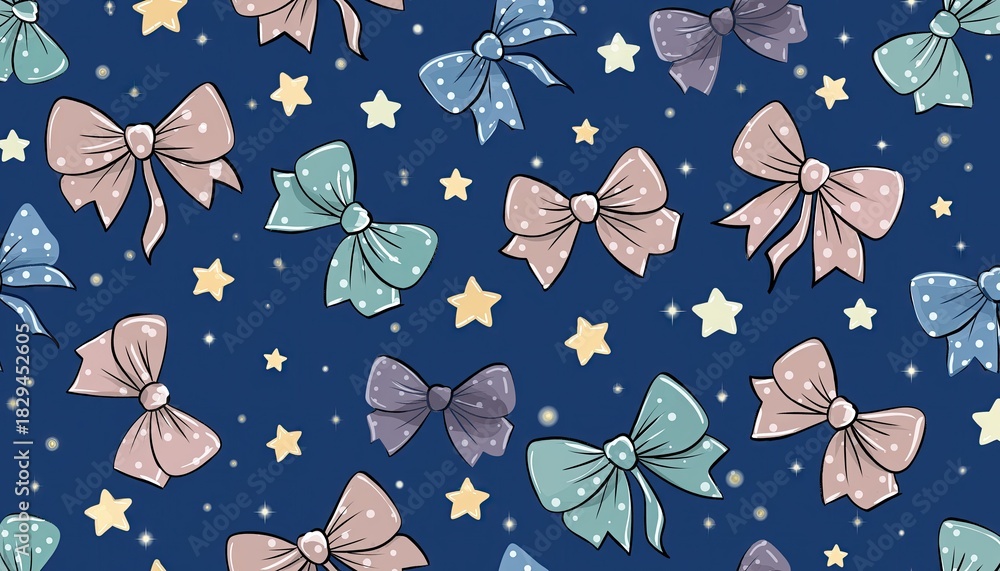 Cute Pastel Bows and Stars Seamless Pattern.