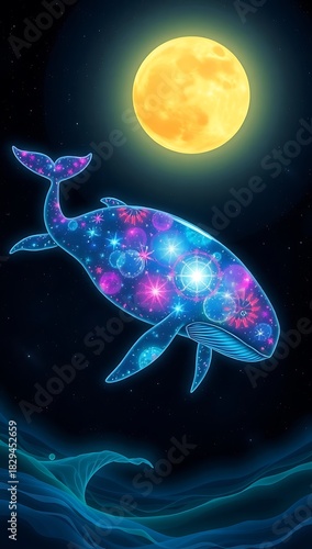 A cosmic whale swims under the bright moonlight, its body adorned with stars and nebulas, creating a magical scene