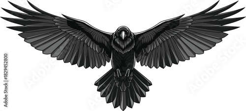 Flying Raven Bird with Wings Spread Vector, Majestic Crow Graphic Design Element, Black Wildlife Animal Tattoo, Mythology Mascot Pictogram Illustration
