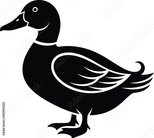 Stylized Duck Vector Silhouette Icon, Mallard Waterfowl Black Graphic Symbol, Domestic Farm Bird Mascot Design Element, Simple Animal Pictogram