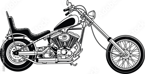 Classic Chopper Motorcycle Vector Illustration, Custom Bobber Bike Detailed Graphic, Retro Motorbike Line Art, Vintage Cruiser Vehicle Icon, Garage