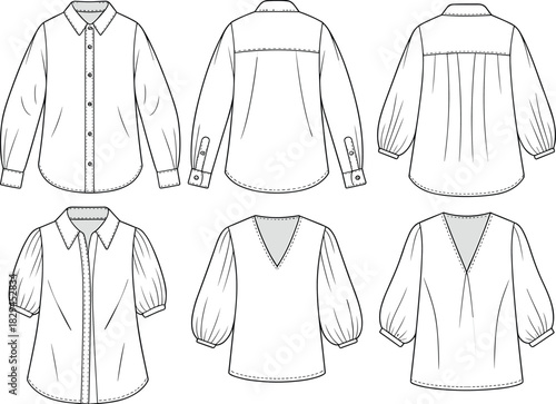 Puff Sleeve Blouse and Shirt Technical Fashion Illustration CAD Drawing Flat Vector Template, Button-Up V-Neck Design Sketch