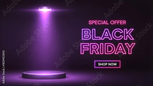 Black Friday special offer illuminated stage with neon text promotional sale event design isolated on white background