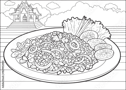 Detailed black and white illustration of Thai Larb dish with tem