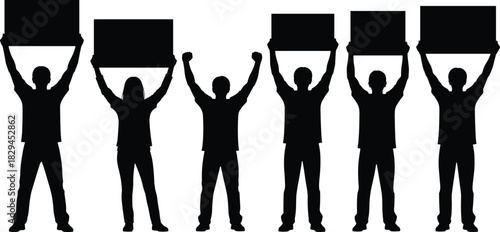 Protestors Holding Blank Signs Vector Silhouette Set, Demonstration Activism Crowd Pictogram, People Raising Placards for Rally, Black Icons Collection
