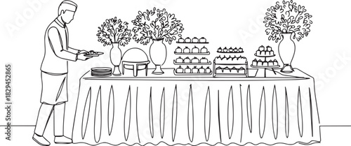 Elegant one-line illustration of a catering setup for a special