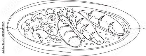 Elegant line art illustration showcasing a sausage and bean dish