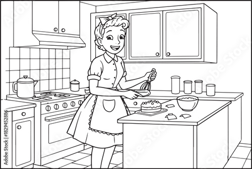Retro kitchen scene featuring a cheerful housewife baking a deli