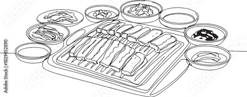 Minimalist Line Art Illustration of Korean Samgyeopsal with Side