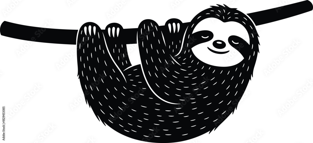 Naklejka premium Cute Sloth Hanging on Branch Vector Silhouette, Smiling Tropical Animal Black Graphic, Lazy Wildlife Mammal Icon, 