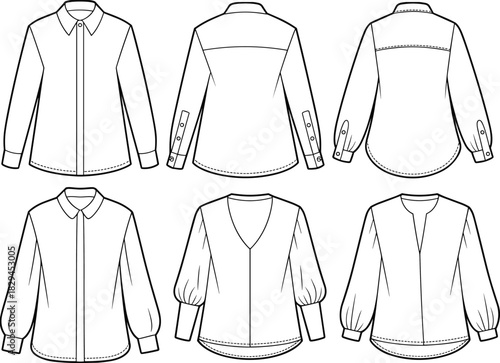 Collection of Women's Shirts and Blouses Technical Flat Sketch Vector CAD Drawing Set | Classic Collar Puff Sleeve V-Neck Apparel Templates