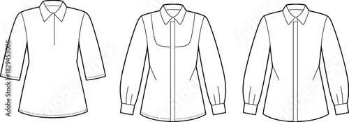 Set of Three Women's Blouse Technical Flat Sketch Vector CAD Drawing | Fashion Apparel Template with Different Placket and Sleeve Variations