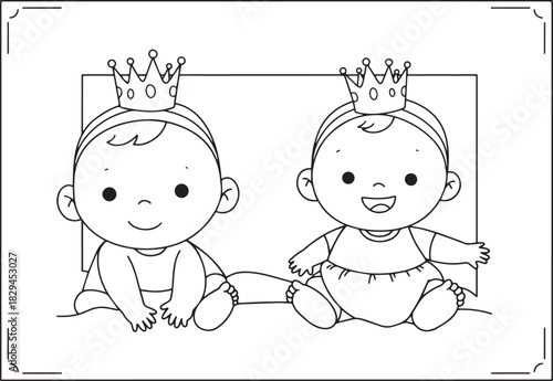 Adorable twin babies wearing crowns illustration for children's