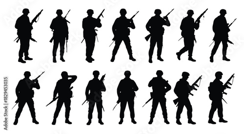 Soldiers with rifles in silhouette military black and white