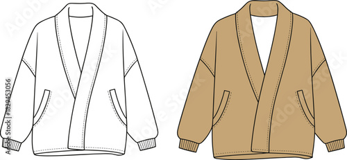 Oversized Kimono Jacket Fashion Technical Flat Sketch Vector CAD Drawing | Cozy Shawl Collar Wide Sleeve Women's Apparel Template Design Outline