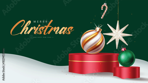 Green Christmas background featuring ornaments, a star, candy cane, and red podiums over a white snow wave. Perfect editable template for holiday greetings, banners, and seasonal designs.