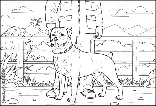 Rottweiler stands proudly, line art drawing dog with owner in na