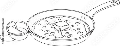 Minimalist illustration of saganaki in pan with lemon wedges on