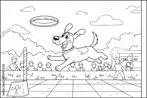 A cartoon dog is jumping to catch a frisbee in a dog sport compe