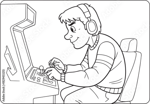 Line art illustration of a young man playing an arcade game inte