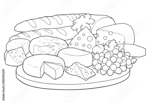 Elegant Cheese and Bread Composition for Coloring Book, Food The