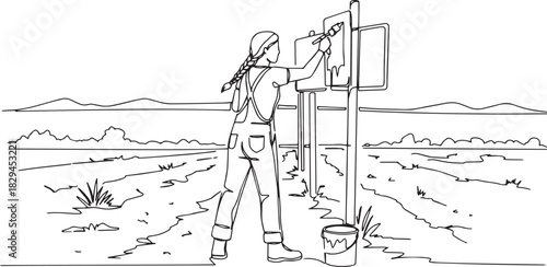 Woman painting in nature, line art illustration showcasing creat
