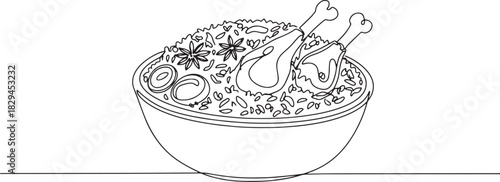 Elegant single line drawing of chicken biryani, a culinary maste