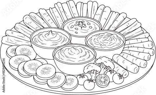 Black and white illustration of vegetable platter with dips heal