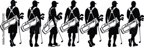 Golfers with Clubs and Bags Silhouette Set, Man Carrying Golf Equipment Vector Collection, Sports Activity Player Icon, Black Pictogram Design