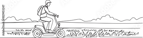 Continuous line drawing illustration of a man riding a modern el