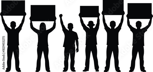 Crowd of six protesting people silhouettes holding blank signs above their heads, demanding rights, freedom, and political change in a unified demonstration.
