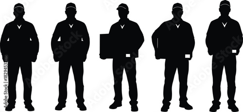 Delivery Men Silhouette Set Vector, Courier Service Workers Holding Packages, Express Shipping Logistics Staff, Parcel Post Worker Collection Black Icons