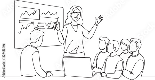 Woman presenting business data to a team during a meeting illust