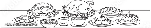 Minimalist line drawing of a festive Thanksgiving dinner spread