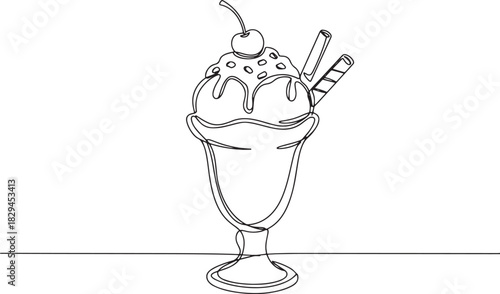 Continuous Line Art of a Delicious Ice Cream Sundae with Cherry