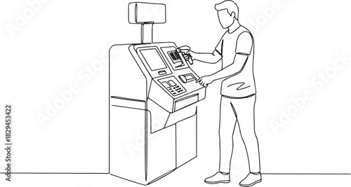 Modern self service kiosk vector line drawing, man scanning item
