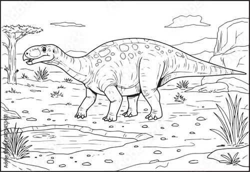 Detailed black and white illustration of a dinosaur walking in i
