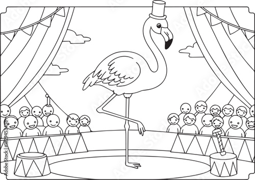 Whimsical line drawing of a flamingo performing in a circus tent